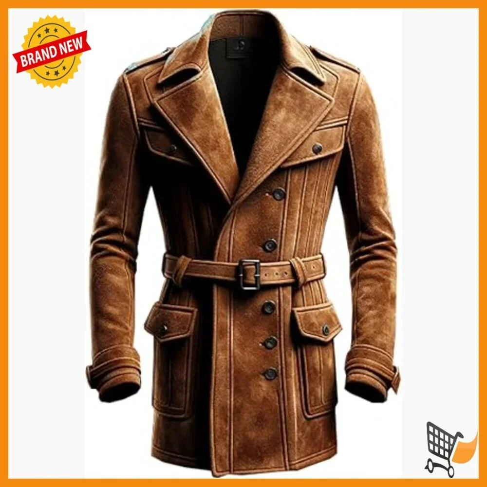 Mens Suede Leather Trench Coat with Removable Hood and Zipper Cuffs